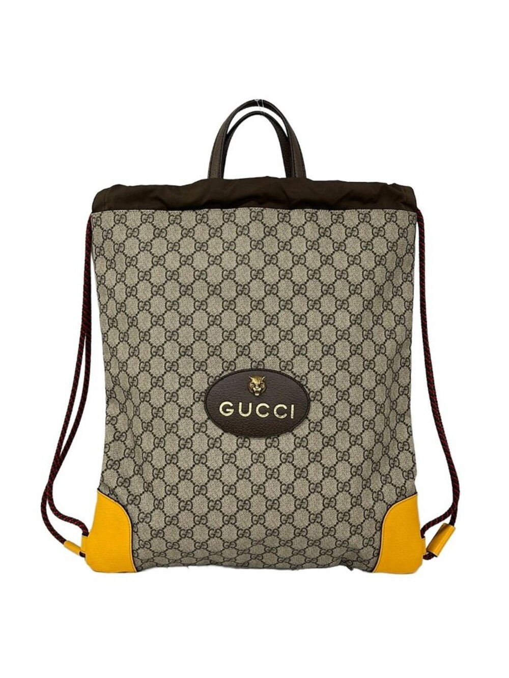 Gucci Backpack GG Supreme Drawstring Beige Dark Brown Leather